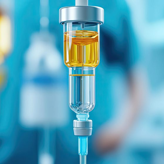 Close up of IV drip equipment in a medical setting showcasing a clear infusion bottle filled with liquid medication