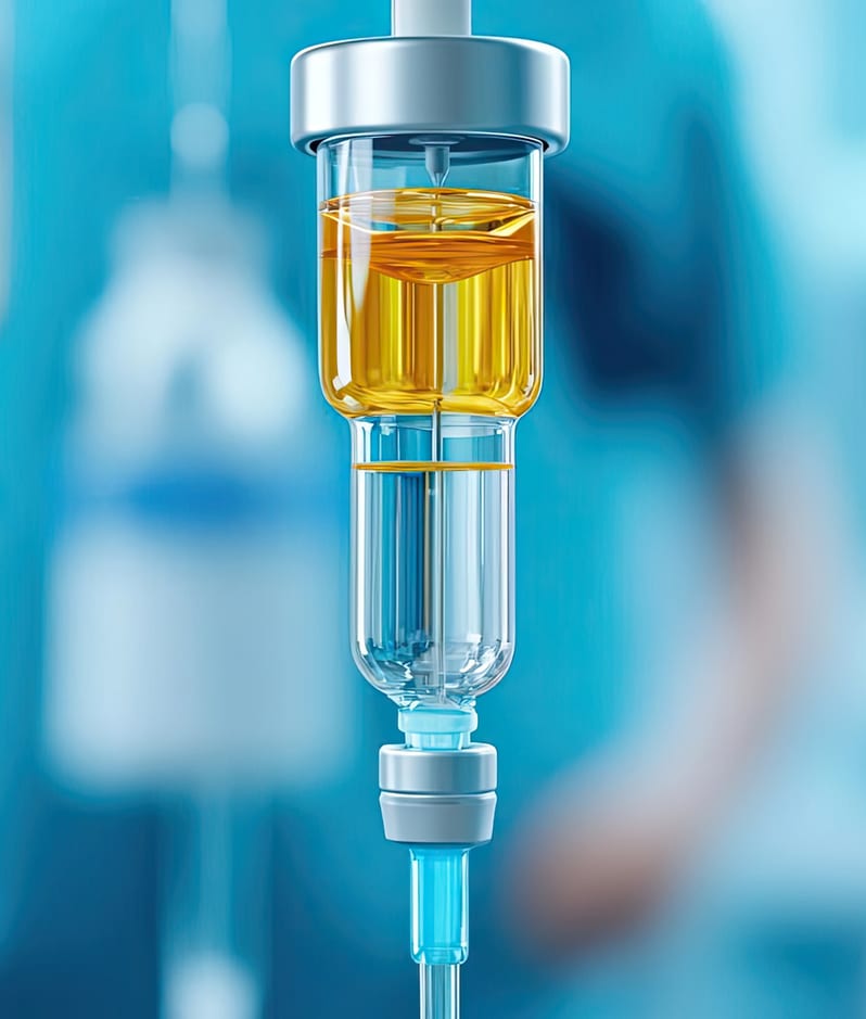 Close up of IV drip equipment in a medical setting showcasing a clear infusion bottle filled with liquid medication