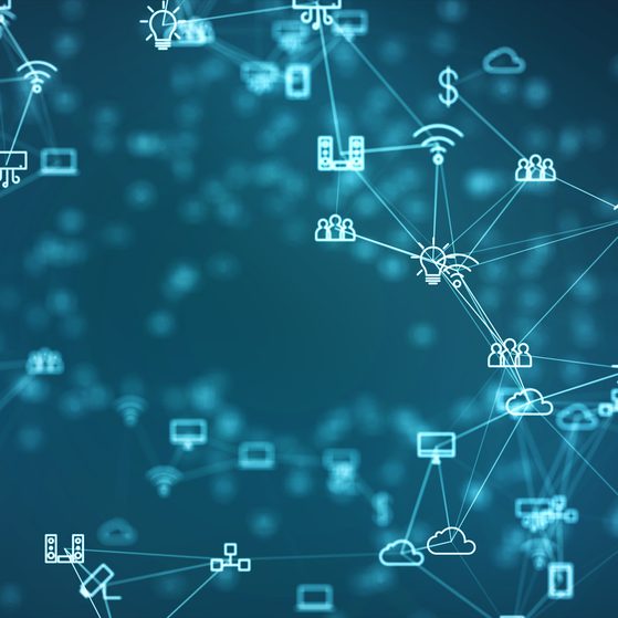 A digital network with interconnected icons representing technology, cloud computing, Wi-Fi, people, light bulbs, dollar signs, and devices on a blue background.
