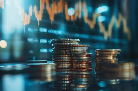 Stacked coins with economic graph background