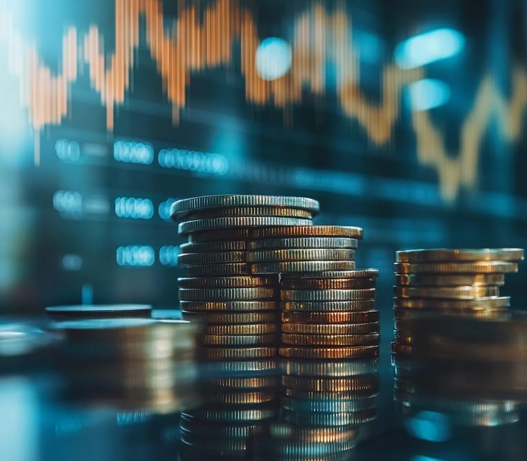 Stacked coins with economic graph background