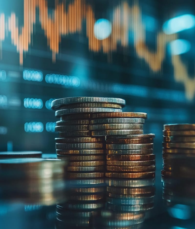 Stacked coins with economic graph background