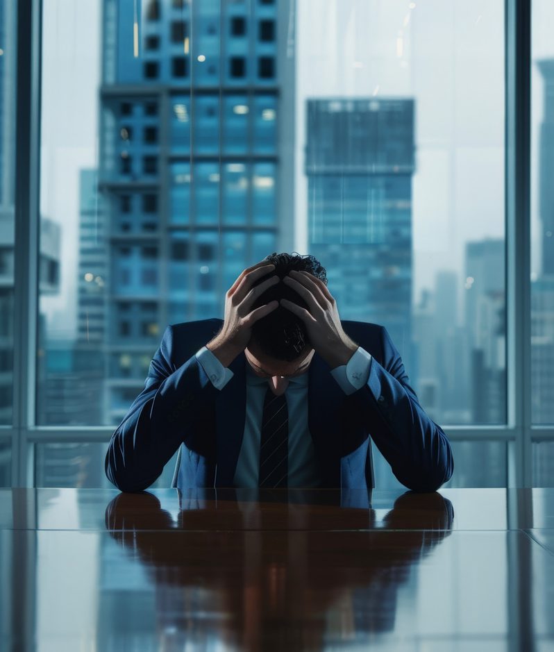 A man in a suit sits at a conference table with his head in his hands, in a city office with large windows and tall buildings outside.