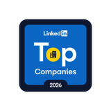 LinkedIn Top Companies 2026 badge: blue rounded square with dark border, white LinkedIn text, large Top with a yellow circle and building icon, Companies below.