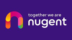 A colourful logo with a stylised 'n' shape in rainbow colours on a dark purple background, alongside the white text "together we are nugent".