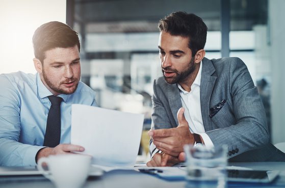 A business man and a lawyer review a report