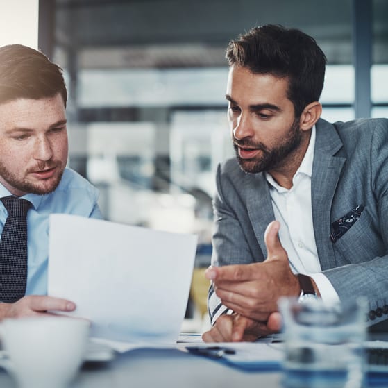 A business man and a lawyer review a report