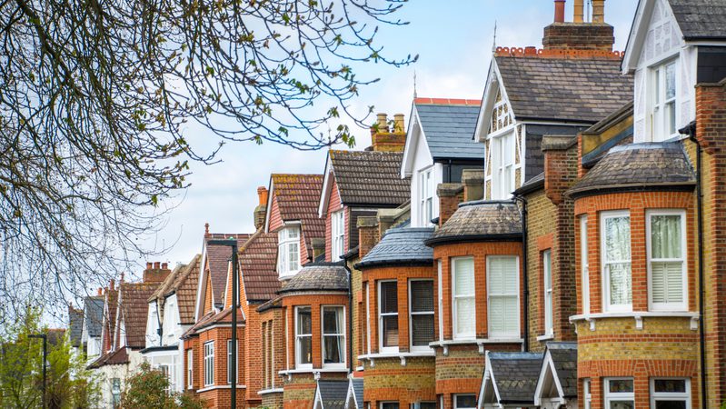 A row of traditional brick houses with pitched roofs, some with dormer windows, under a partly cloudy sky, with leafless tree branches overhead and greenery in front.
