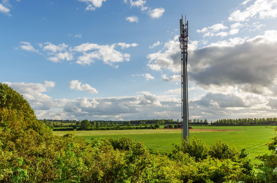 A telecommunications mast in a field in the UK