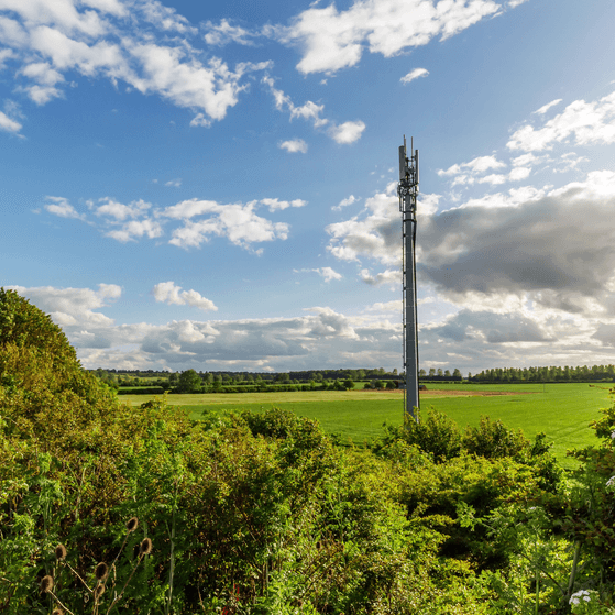 A telecommunications mast in a field in the UK