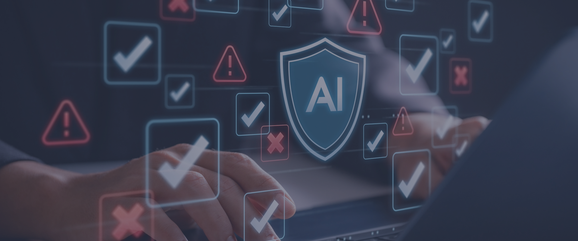 Hands typing on a laptop with floating icons of checkmarks, warning signs, and an AI shield indicating cybersecurity or AI protection.