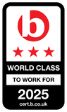 A badge with a red "b" symbol in a circle, three red stars, and the text "WORLD CLASS TO WORK FOR 2025" with a website link "cert.b.co.uk" at the bottom.