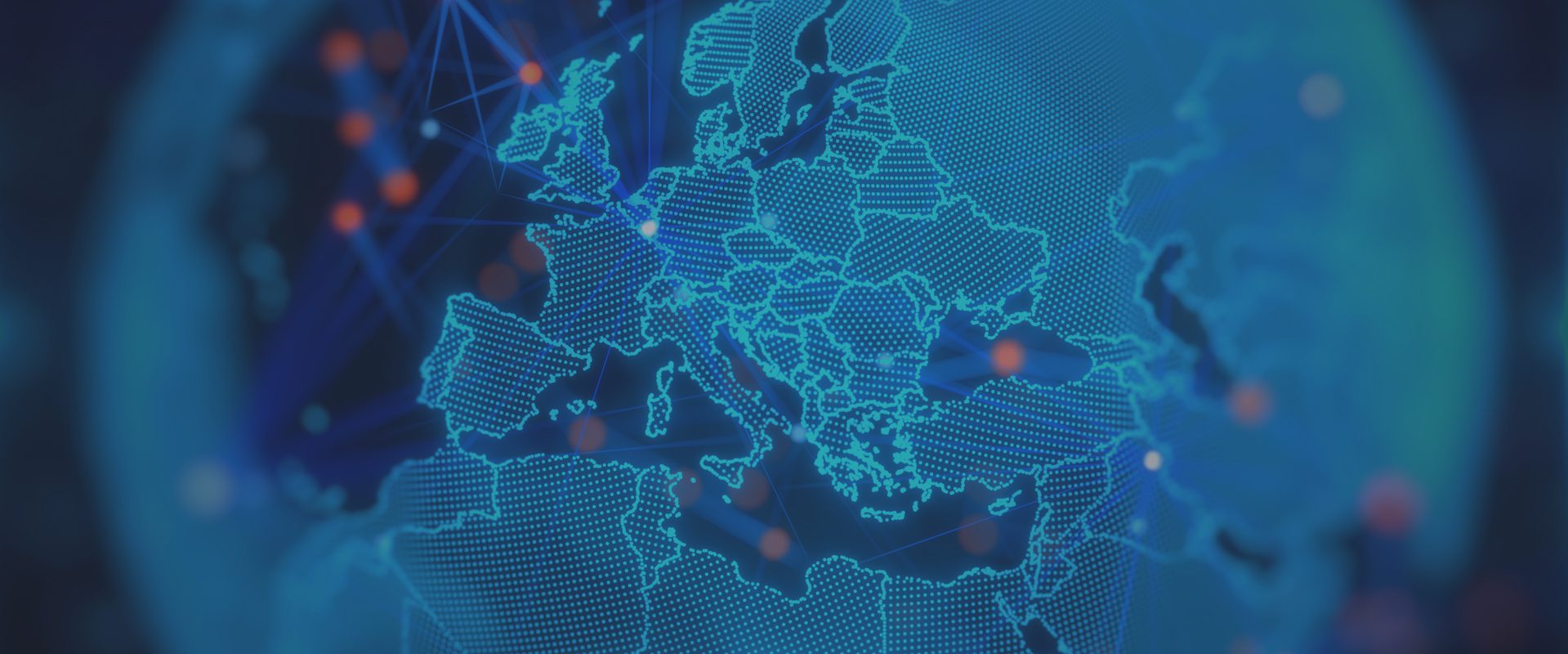 Blue digital globe with dotted landmasses and glowing network lines, highlighting Europe; rising orange nodes and a futuristic data visualization.