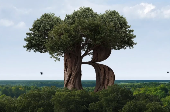 A large, lush tree with green leaves stands against a blue sky with some clouds, its trunk forming the shape of the letter R. A vast forest extends in the background.
