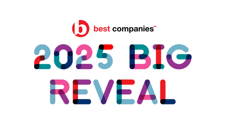 Logo with "b" and "best companies" at the top, and colourful, overlapping text reading "2025 BIG REVEAL" against a white background.