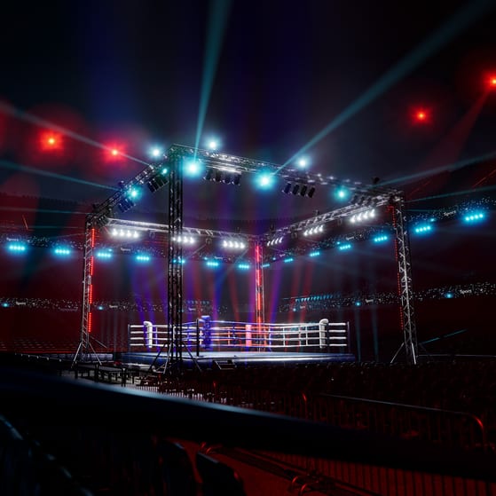 Boxing ring lit up in huge arena
