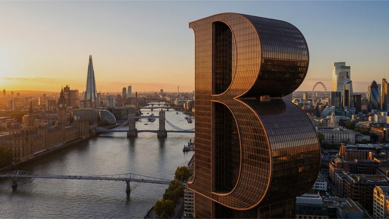 Aerial view of London at sunset featuring city skyline, River Thames, Tower Bridge, The Shard, and a tall skyscraper shaped like the letter B with a rounded top.