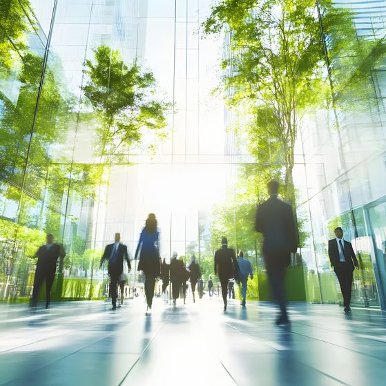 Business people walking between office buildings green environment blur