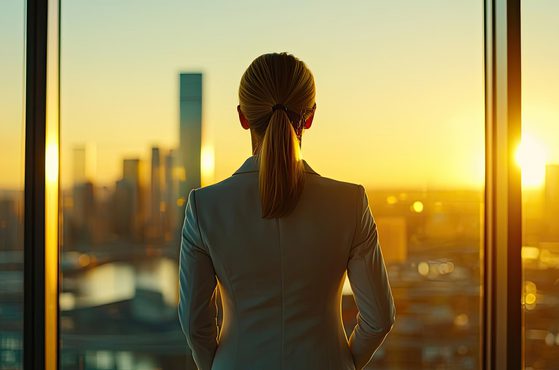 Businesswoman looking out over city from office window