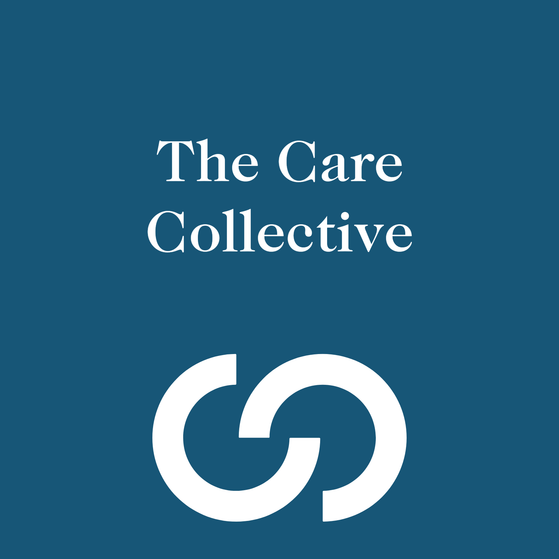 The Care Collective logo with a linked chain icon, and text "Online events & practical guidance for care homes" on a blue background.