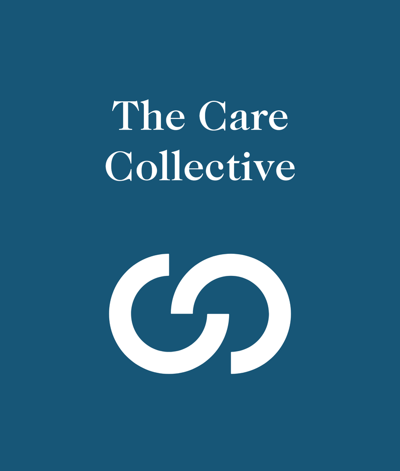 The Care Collective logo with a linked chain icon, and text "Online events & practical guidance for care homes" on a blue background.