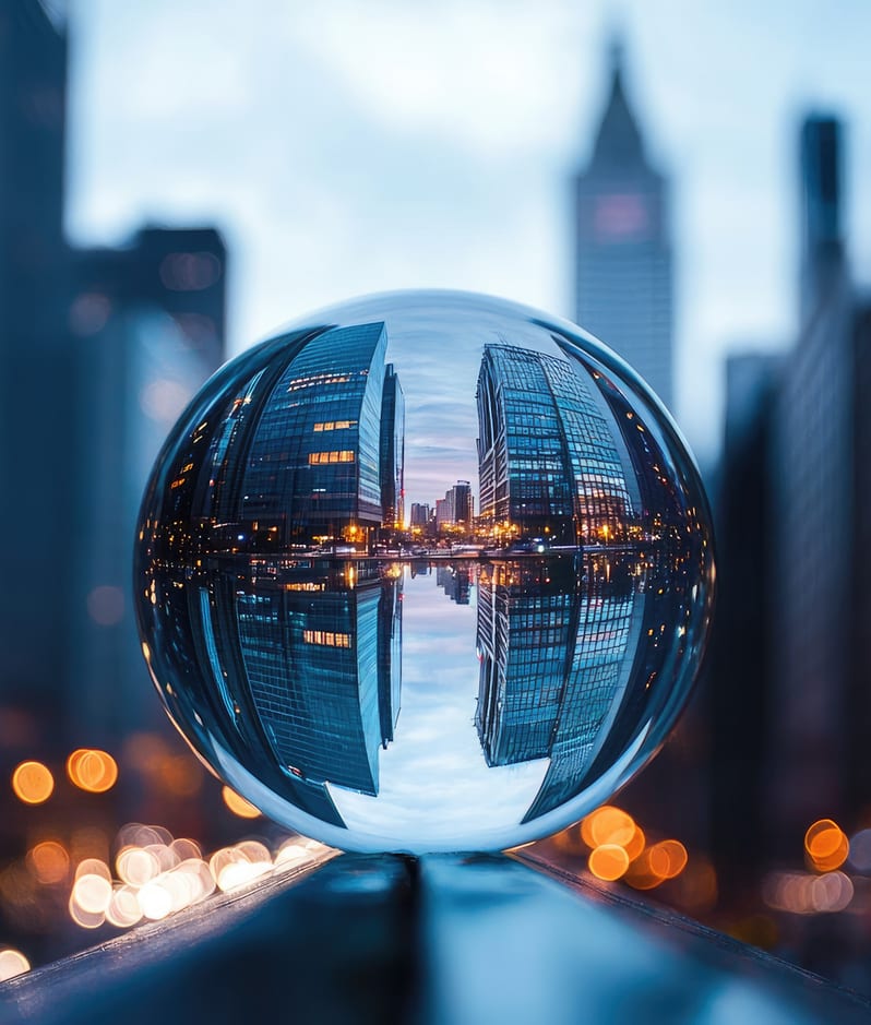 Cityscape reflected in orb