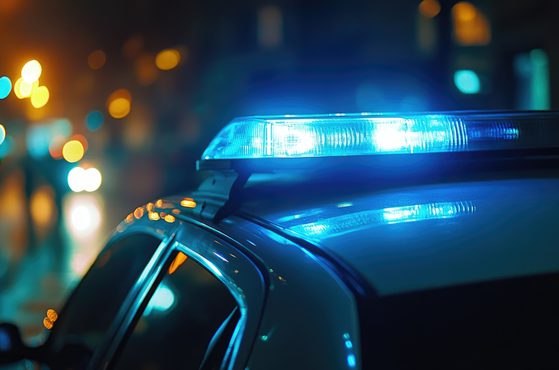 Close up view of a blue light on top of a police vehicle