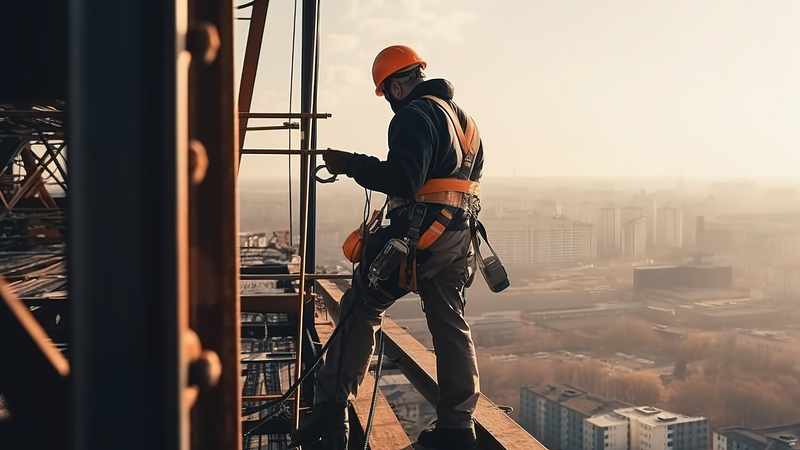 A construction worker wearing an orange helmet and safety harness is working on a high-rise building scaffolding during sunset.