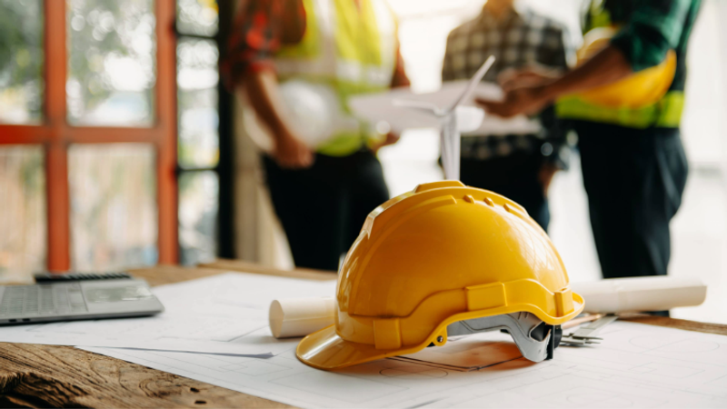 A yellow safety helmet resting on architectural blueprints on a wooden table, with three people in high-visibility vests and casual clothing discussing plans in the background.