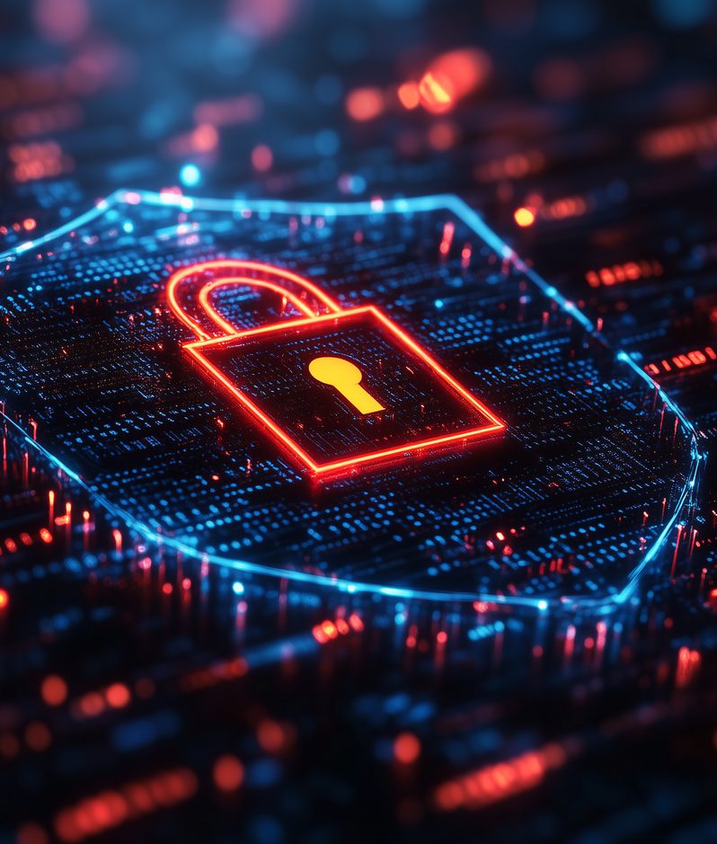 A digital lock symbol with an open padlock icon in the centre, glowing in red and yellow, surrounded by a neon blue outline on a dark circuit board background.