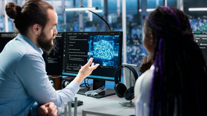 A man explains AI concepts to a woman in a high-tech office, with computer screens displaying a digital brain and code, during nighttime.