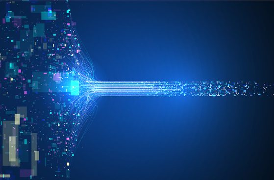 Abstract digital network scene: a glowing blue hub at the left with streaming fibre-like lines and scattered colourful squares fanning out toward the right.
