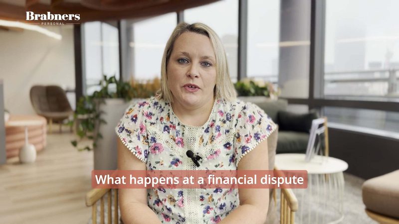 Person with blonde hair wearing a floral top sits in a bright office lounge with plants and large windows; Brabners Personal logo and a caption about financial disputes.