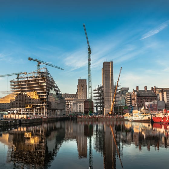 Development of new modern buildings on Mann Island Liverpool taken from the Albert Dock