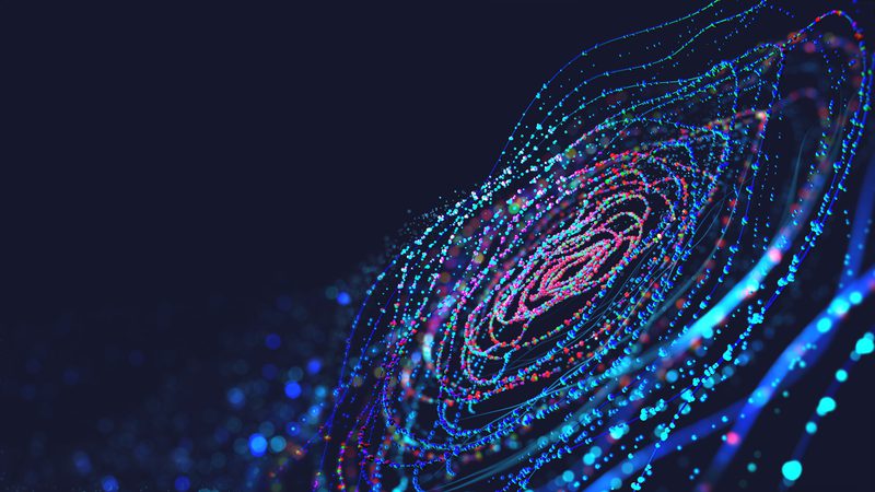 A digital, abstract image featuring colourful dotted lines and concentric circles forming a spiral pattern against a dark background.