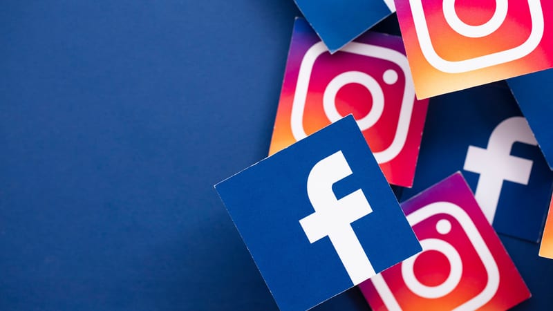 Facebook and instagram icons in boxes on blue background