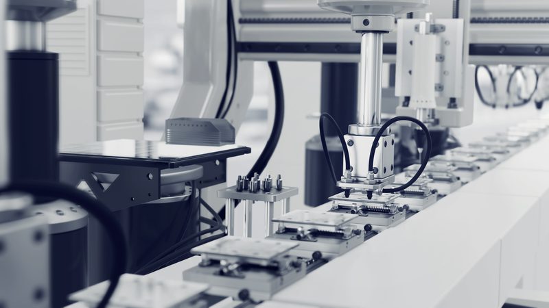 A robotic arm in a cleanroom environment, working on an automated manufacturing line with trays and machinery for precise assembly or processing tasks.