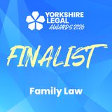 Blue geometric gradient background featuring the Yorkshire Legal Awards 2026 logo, bold yellow brushstroke FINALIST across the middle and Family Law in white at the bottom