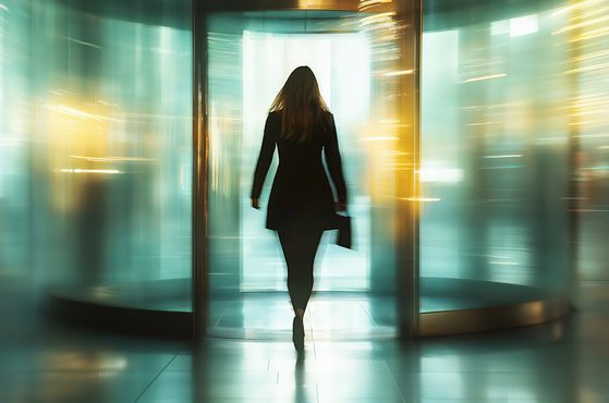Female office worker in suit exiting building through revolving doors