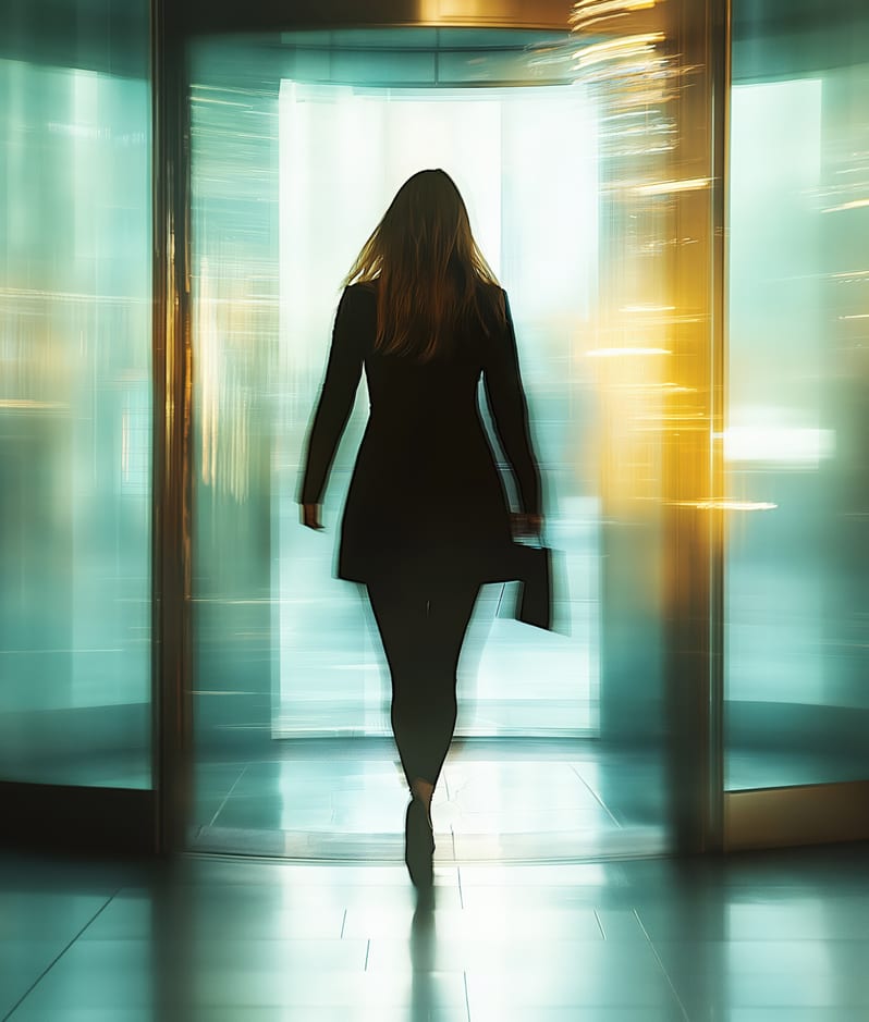 Female office worker in suit exiting building through revolving doors