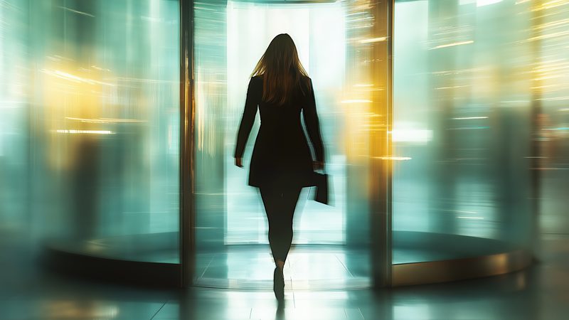 Female office worker in suit exiting building through revolving doors