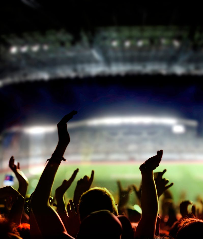 Silhouetted crowd with raised hands in a packed stadium at night, bright stage lights creating a hazy glow as the arena and pitch blur in the background.