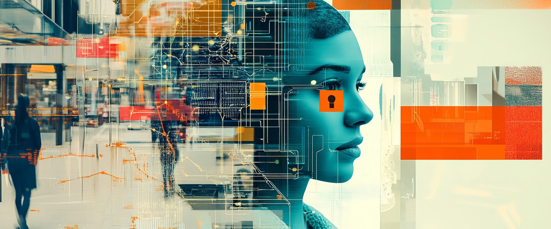 A digital illustration of a woman's profile overlaid with futuristic circuit lines and a lock icon, set against an urban cityscape background.