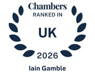 Chambers ranked in UK 2026, Iain Gamble, surrounded by a laurel wreath, with text in dark blue on a white background.