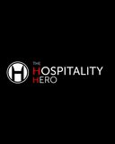 Black background with a circular logo containing a stylised "H" and the text "THE HOSPITALITY HERO" where the "H"s in "HOSPITALITY" and "HERO" are red.