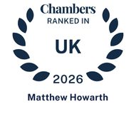 Chambers badge with laurel wreath, text indicating ranking in the UK for 2026, and the name Mathew Howarth at the bottom.