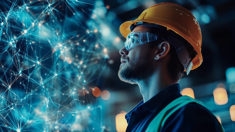 Industrial Worker Looking at Digital Network Visualisation