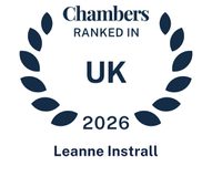 Chambers ranked in UK 2026 badge with a circular laurel wreath design, black text on a white background, and "Leanne Instrall" at the bottom.