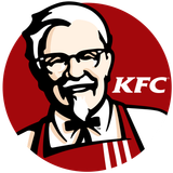 A smiling mascot with glasses, white hair, and a bow tie, wearing a red apron with white stripes, in front of a red circle with the "KFC" logo.