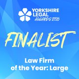 Blue geometric gradient background with Yorkshire Legal Awards logo, large yellow brush-script FINALIST, and white text Law Firm of the Year: Large at the bottom.